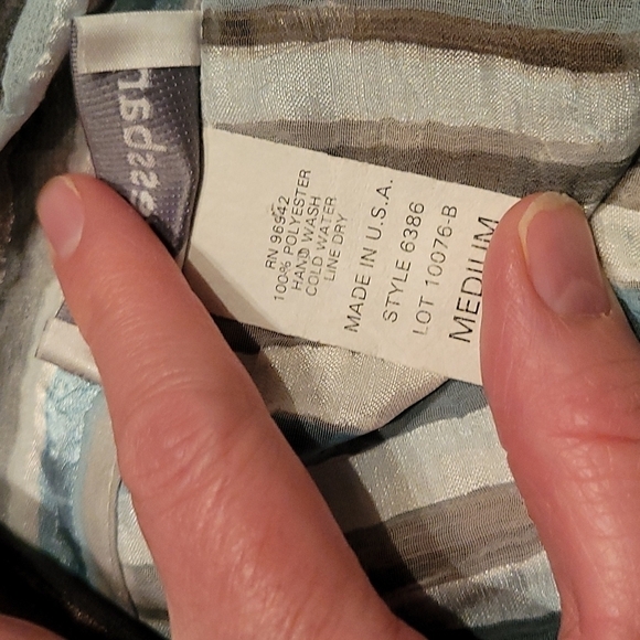 VTG DRESSBARN 1990s blue silver satin metallic striped ribbon button down shirt - Picture 6 of 7